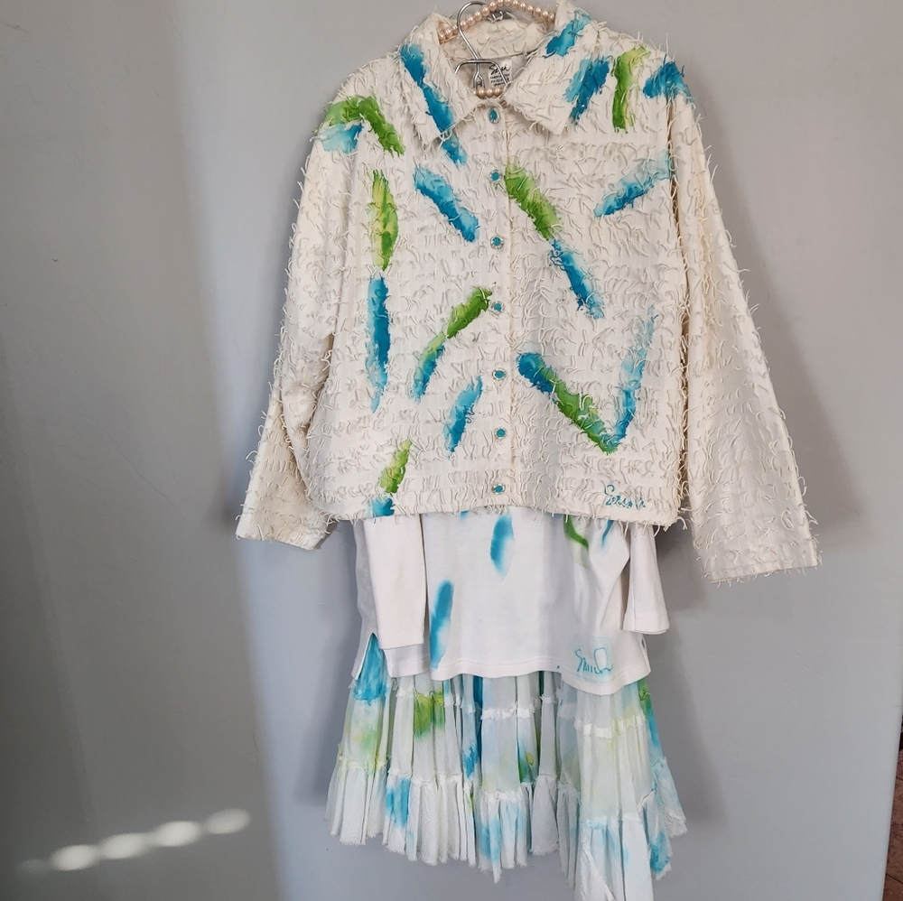 SARAH HANDPAINTED ORIGINAL STUNNING STRING JACKET, SHIRT, SKIRT WHITE COTTON LRG